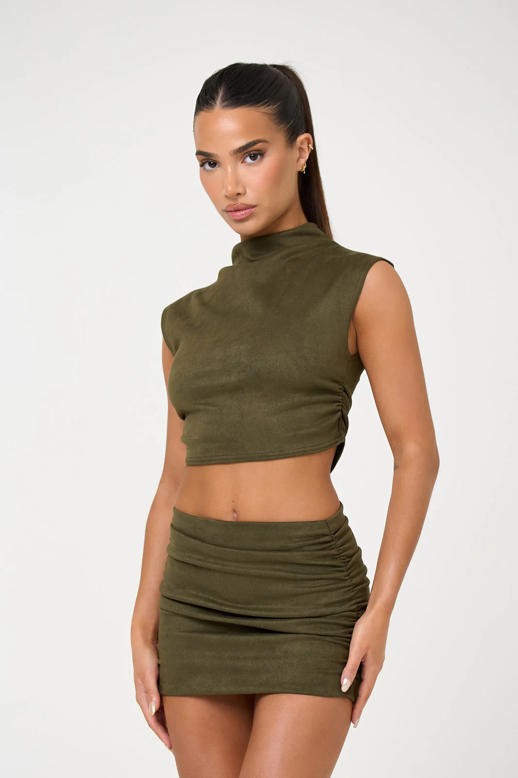 The ruched suede mini skirt - khaki